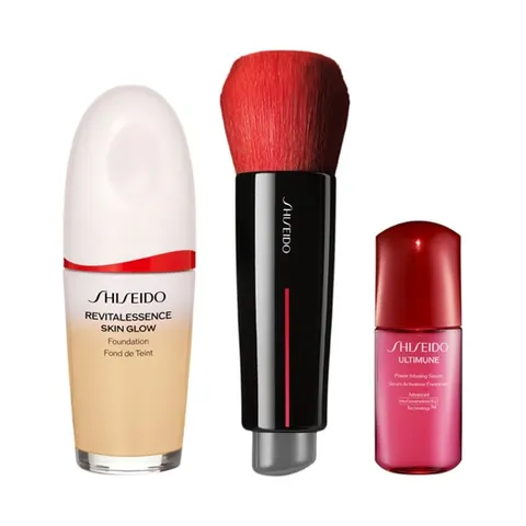Shiseido Essence Skin Glow Foundation Daiya Fude Kit, 220 Linen, 30 mL + brushes + serum 10 mL