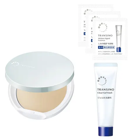 Transino Set: Medicated UV Powder EX + Medicated Clear Gel Wash Mini Tube + Medicated Melano Signal Essence Samples (3 sachets), 11g, 14g, 0.5g×3