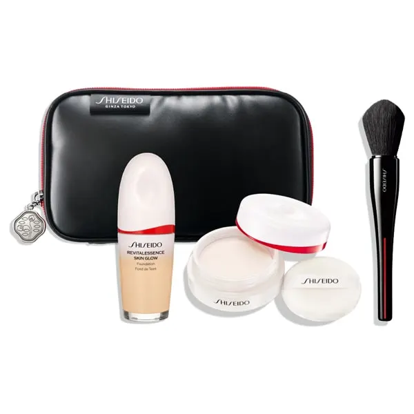 Shiseido Набор с кистью-пуфом (Essence Skin Glow Foundation 140, Essence Skin Setting Powder 01, кисть MARU FUDE), 30 мл, 7 г, 1 шт., 1 шт.