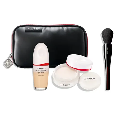 Shiseido Brush Pouch Kit (Essence Skin Glow Foundation 140, Essence Skin Setting Powder 01, MARU FUDE Brush), 30mL, 7g, 1pc, 1pc
