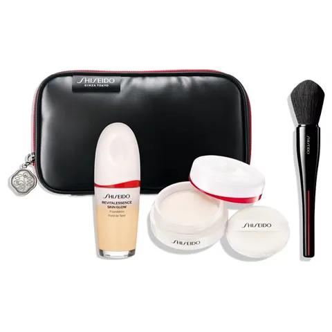 Shiseido Brush Pouch Kit (Essence Skin Glow Foundation 130, Essence Skin Setting Powder 01, MARU FUDE Brush, brush pouch), 30mL, 7g, 1pc, 1pc