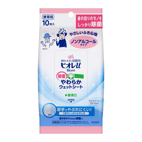 Влажные антибактериальные салфетки, без спирта, Kao Biore U Antibacterial Soft Wet Sheet Non-Alcoholic, 10шт