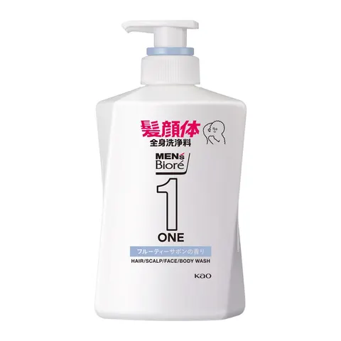 Гель для тела, мытья волос и умывания, аромат фруктов, дозатор, Kao M Biore ONE Whole Body Cleanser Fruity Soap Scent, 480ml