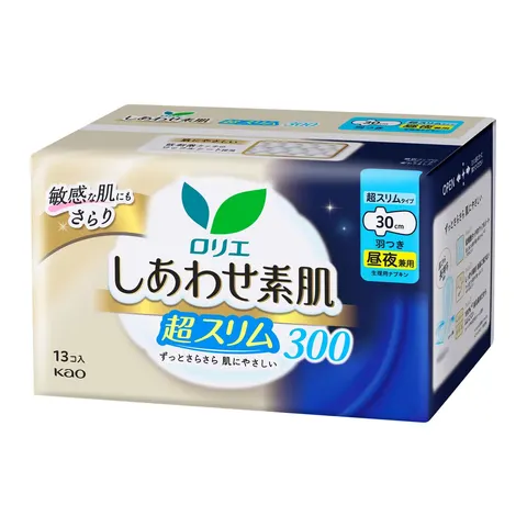 Kao Laurier Happiness Bare Skin Ventilation Super Slim Day and Night Use 300 Pieces, 13pcs