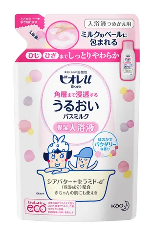 Молочко для принятия ванны, пудровый аромат, запасной блок, Kao Biore U Bath milk powder scent that penetrates into the stratum corneum, Refill, 480ml
