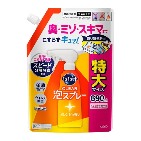 Спрей-пенка для мытья посуды, аромат апельсина, запасной блок, Kao Cucute Clear Foam Spray, Refill, 690ml
