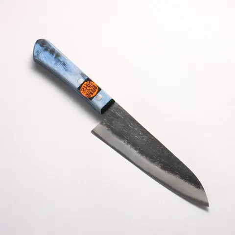 Shigeki Tanaka Small Santoku 150 mm, Aogami #2 (Blue Paper) steel, hammered tsuchime finish, black kurouchi finish