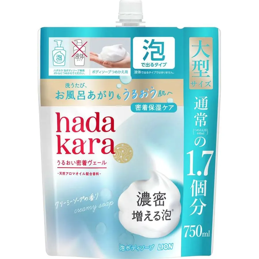 Гель для душа, увлажняющий, запасной блок, Lion Hadakara Body Soap Foam Type Creamy Soap Fragrance, Refill Large Size, 750ml