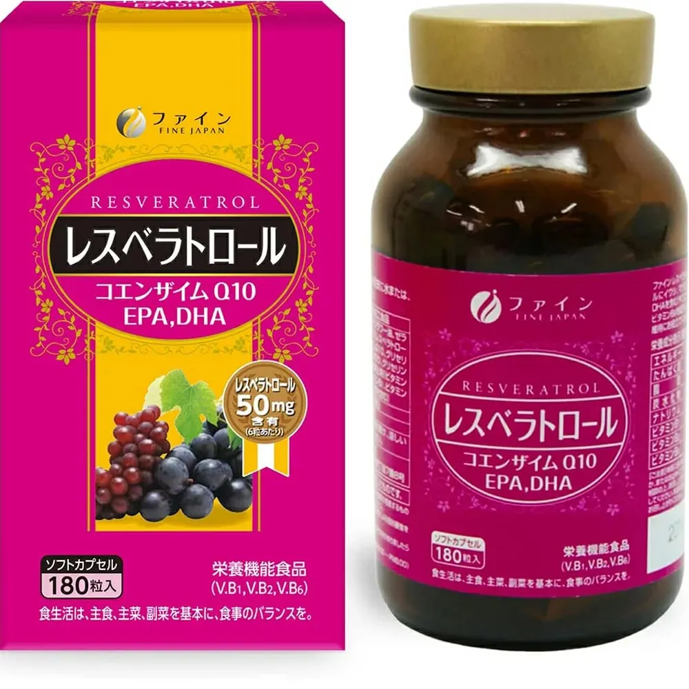 Пищевая добавка-антиоксидант - Ресвератрол + Омега DHA/EPA + Коэнзим Q10, Fine Japan Resveratrol 180 tablets, 180 шт