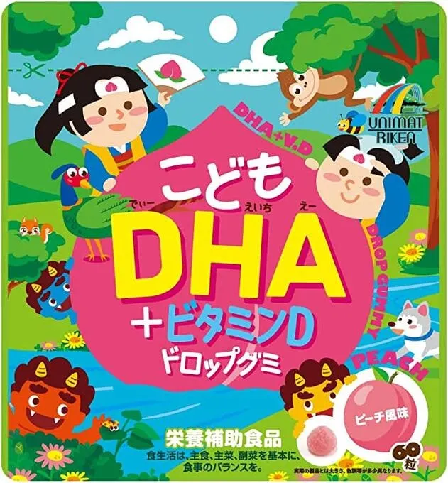Жевательные витамины с DHA и витамином D со вкусом персика, UNIMAT RIKEN Children's DHA + Vitamin D - Drop Gummy Peach Flavor , 60 шт