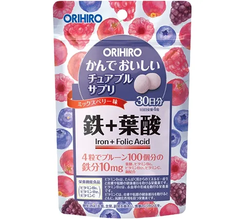 Жевательные витамины железа со вкусом лесных ягод, Orihiro Tasty Chewable Supplement Iron, 120шт