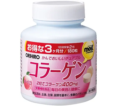 Коллаген со вкусом персика, жевательные таблетки, Orihiro Most Chewable Collagen, 180шт